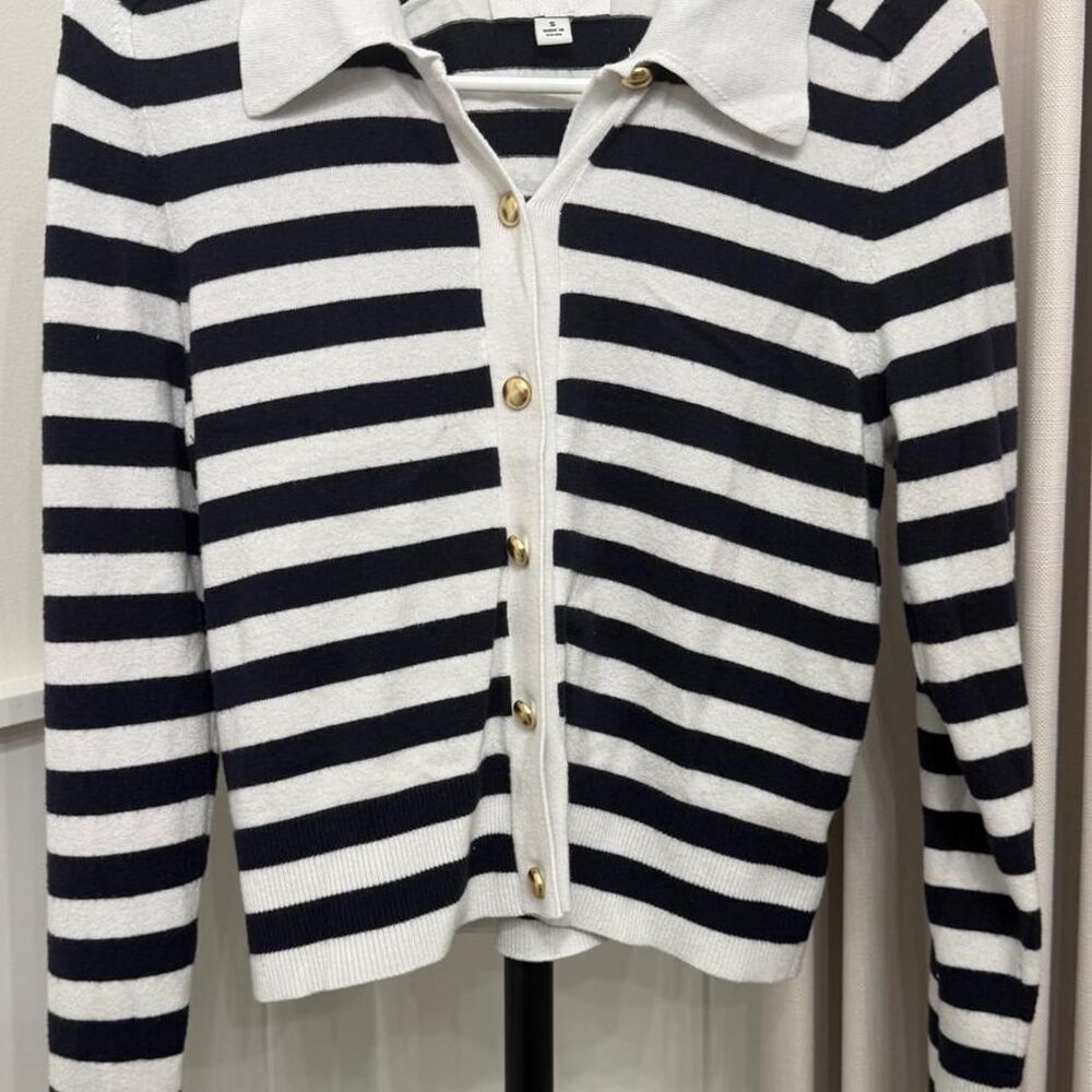 Black White Striped Polo Cardigan Gold Buttons Size Small